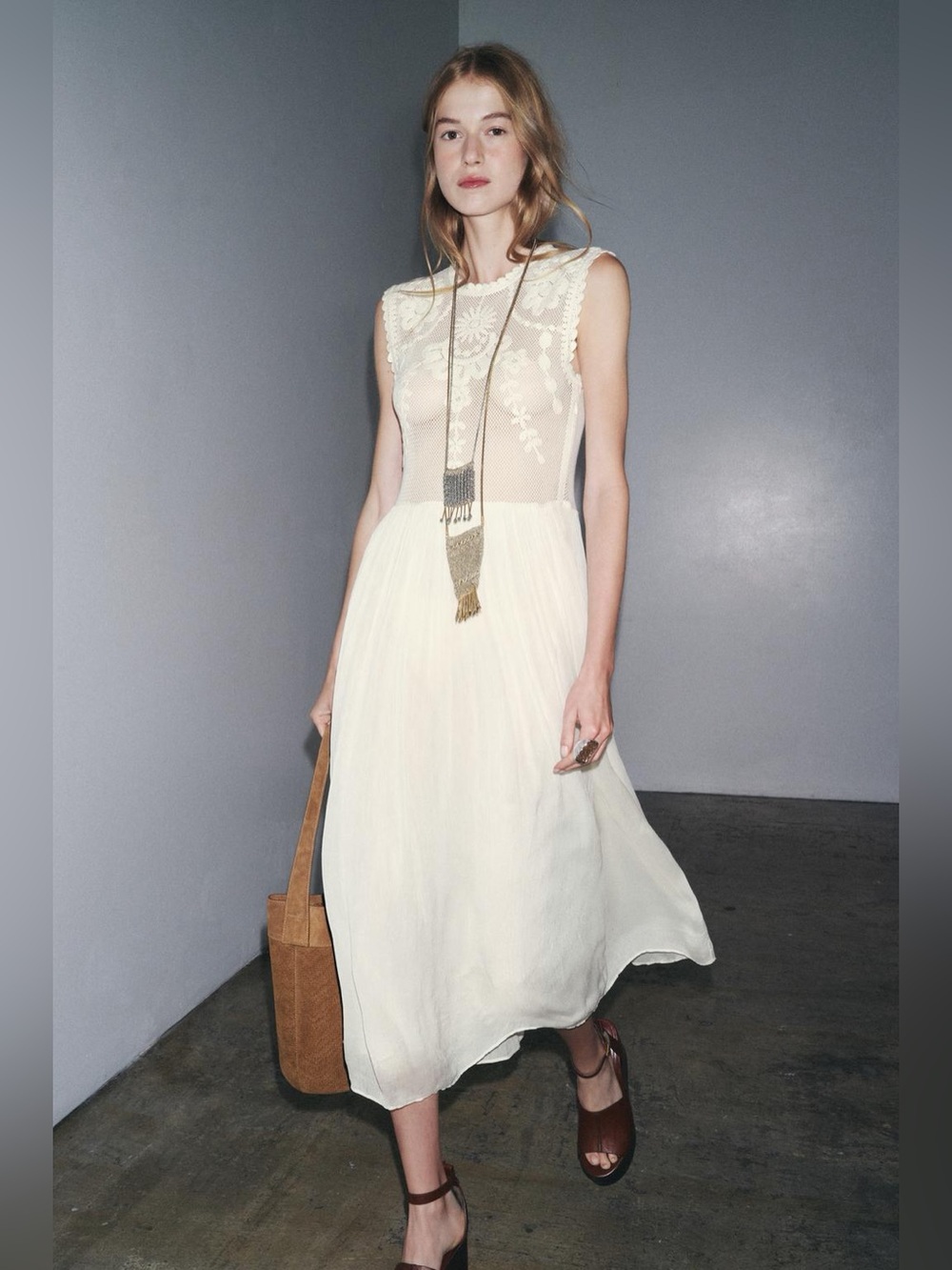 NWT Zara ZW Collection Embroidered Crochet Maxi Dress Ecru Size L